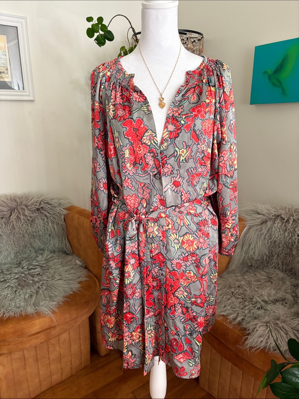 Collective Concepts Gray and Coral Floral Tie-Waist Long-Sleeve Dress